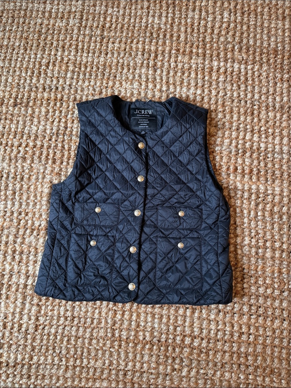 J. Crew Quilted Black Vest with Gold-Tone Snaps